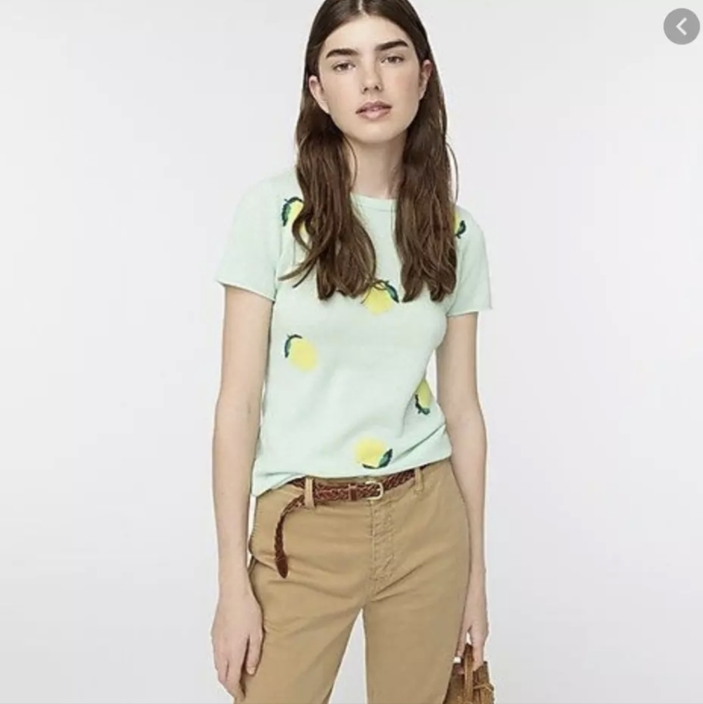 J Crew short sleeve cashmere lemon print sweater, small, green